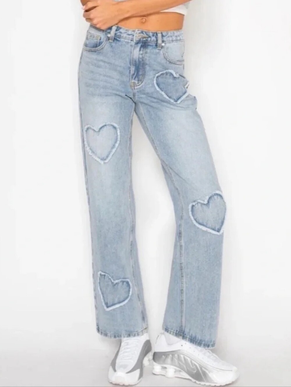 Frayed Heart Wide-Leg Jeans - Light Blue